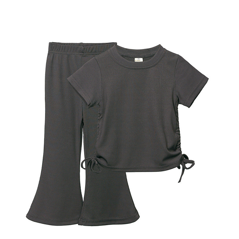 Fashion Solid Color Short Sleeve Round Neck Top Casual Flared Pants Suit - KuzuSHOP