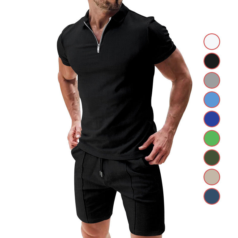 2Pcs Casual Waffle Suit Summer Zipper Lapel Short-sleeved Top And Drawstring Pockets Shorts Versatile Solid Color T-shirt Set For Mens Clothing - KuzuSHOP