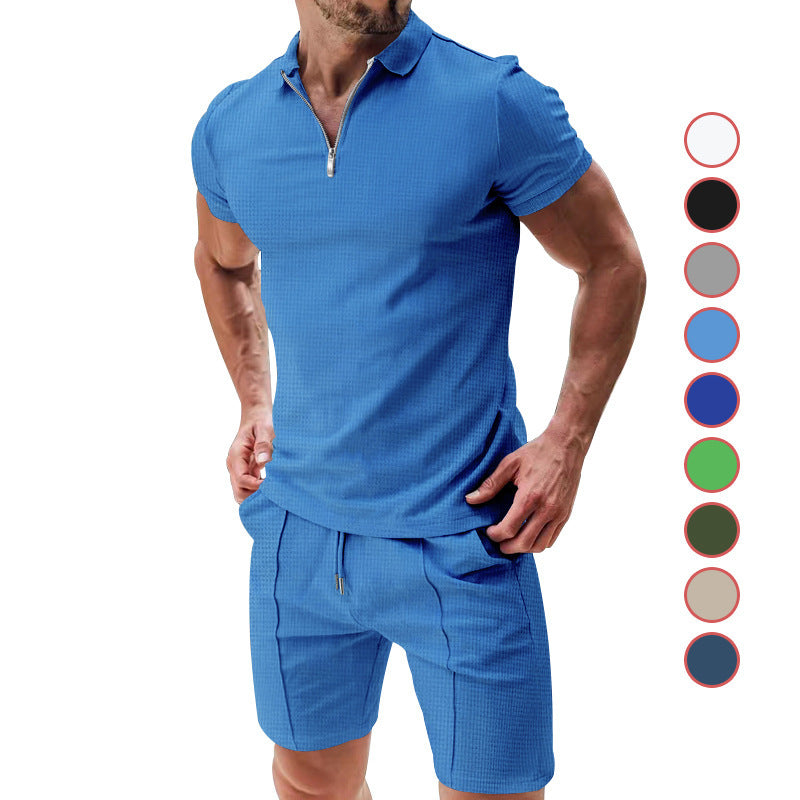 2Pcs Casual Waffle Suit Summer Zipper Lapel Short-sleeved Top And Drawstring Pockets Shorts Versatile Solid Color T-shirt Set For Mens Clothing - KuzuSHOP