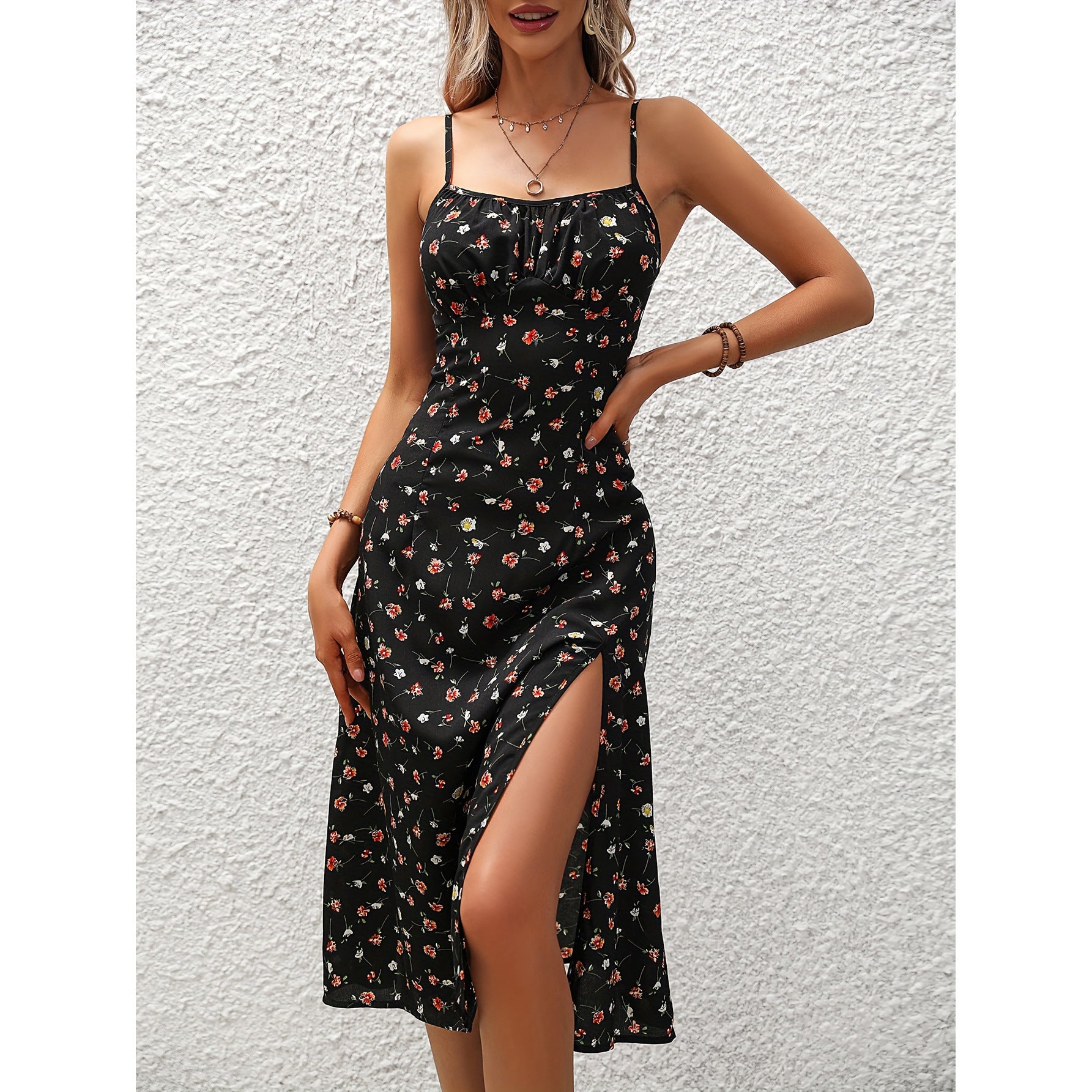 New Polka Dot Print Suspender Dress Summer Sexy Slit Long Dresses For Womens Clothing - KuzuSHOP
