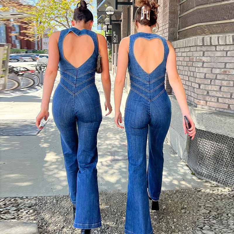 Summer Slim Heart-shape Backless Denim Jumpsuit Women Halter Neck Zip Up High Waist Panst Retro Style Clothing - KuzuSHOP