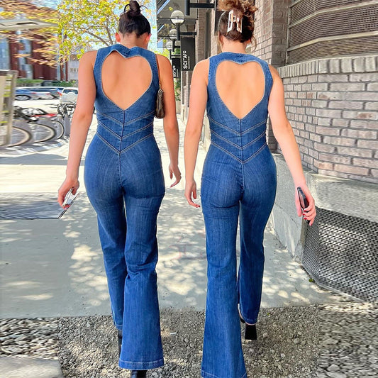 Summer Slim Heart-shape Backless Denim Jumpsuit Women Halter Neck Zip Up High Waist Panst Retro Style Clothing - KuzuSHOP