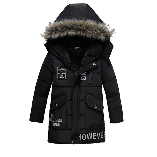 Boys Large Fur Collar Padded Warm Cotton Jacket - KuzuSHOP