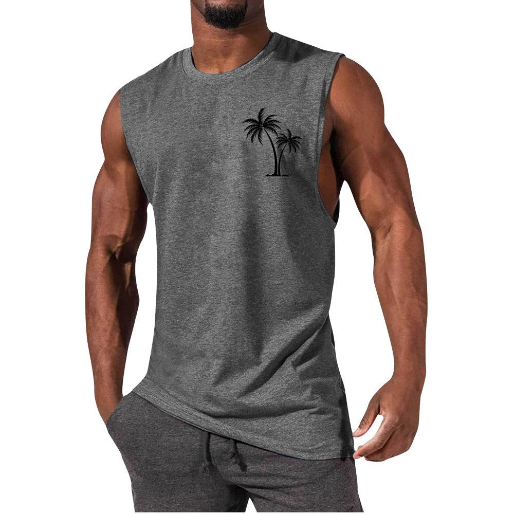 Coconut Tree Embroidery Vest Summer Beach Tank Tops Workout Muscle Men Sports Fitness T-shirt - KuzuSHOP