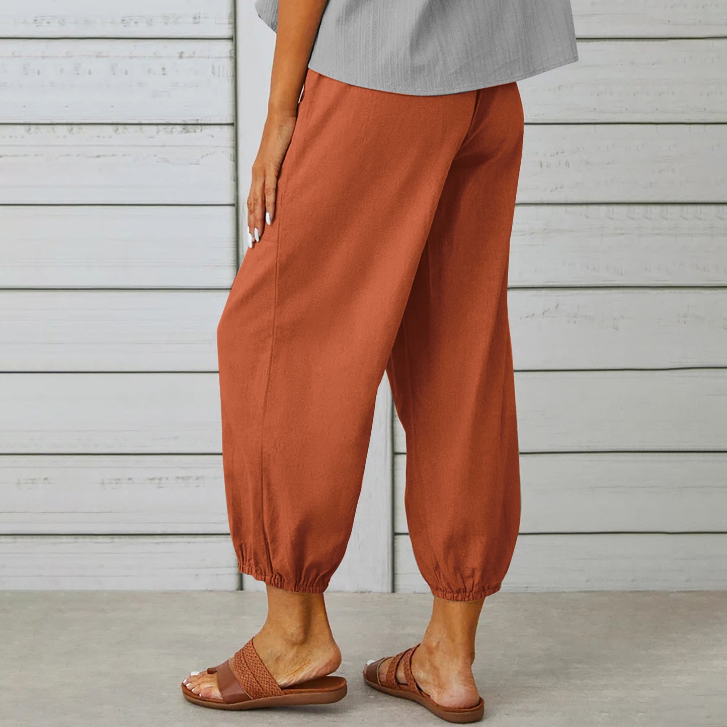 Women Drawstring Tie Pants Spring Summer Cotton And Linen Trousers With Pockets Button - KuzuSHOP