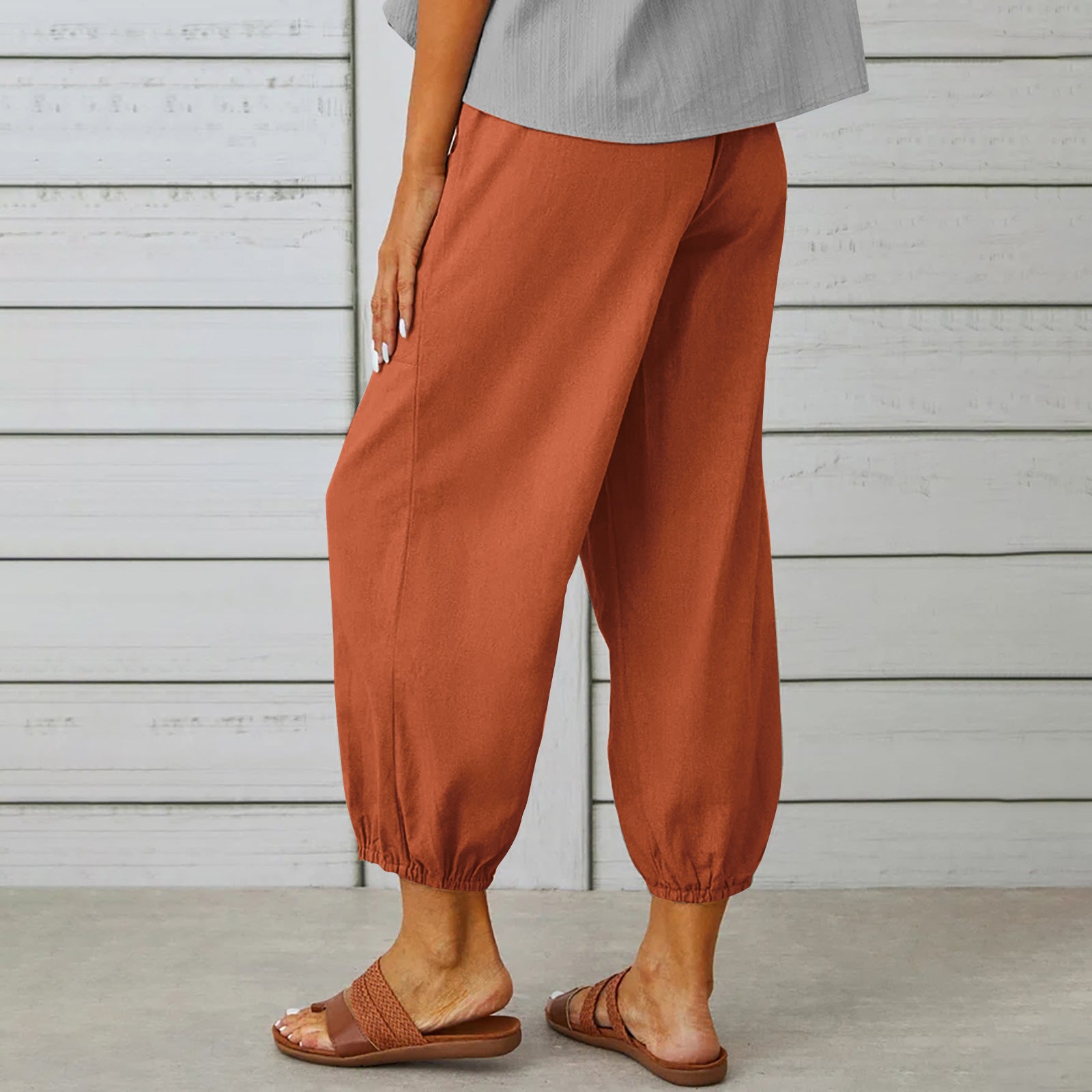 Women Drawstring Tie Pants Spring Summer Cotton And Linen Trousers With Pockets Button - KuzuSHOP