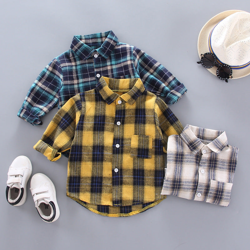 Boys And Girls Plaid Shirts Korean Style Loose Lapel Long Sleeves - KuzuSHOP