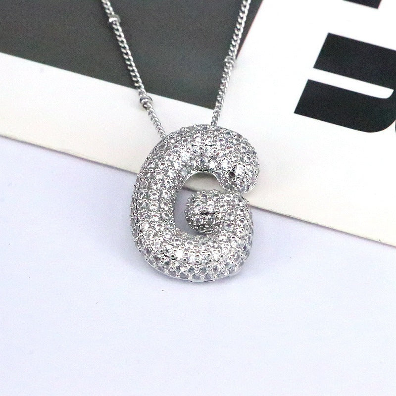 Brass Zircon Bubble Balloon Letter Pendant Necklace For Women - KuzuSHOP