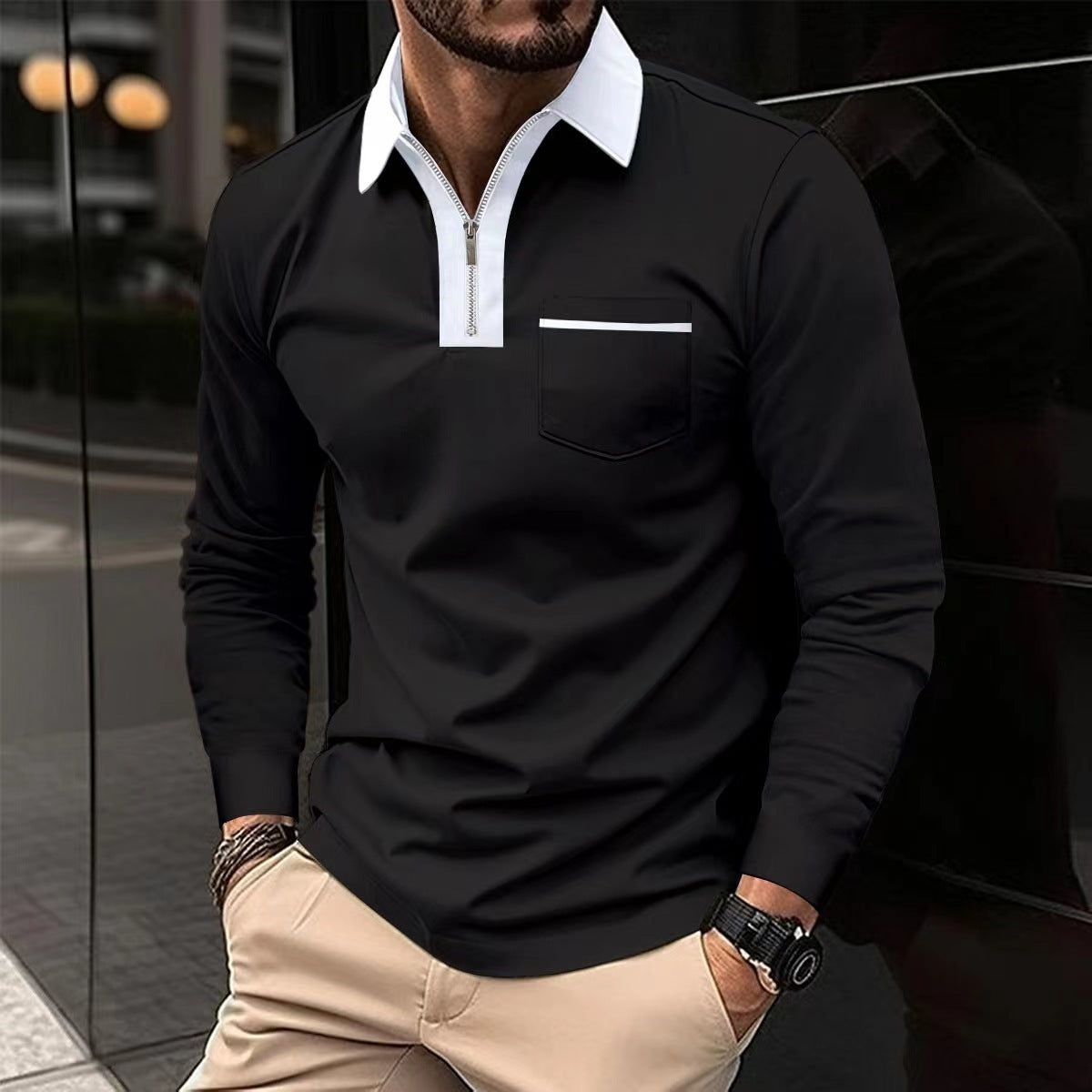 2024 Autumn Mens Long Sleeve Zipper Polo Shirts Casual Lapel Collar Zip Up Henley Shirts Cotton Sports Golf Tennis T-Shirts With Pockets - KuzuSHOP