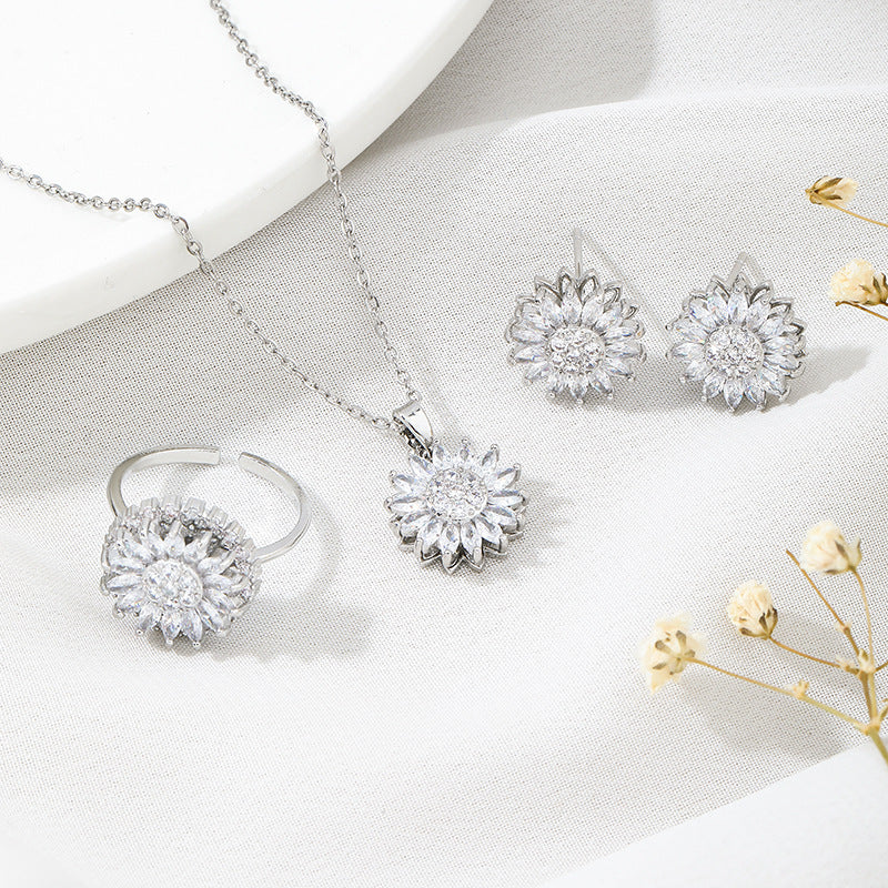 Classic Charm Sunflower Flower Stainless Steel Necklace Earrings Fashion Exquisite Micro Seed Jewelry Ring - KuzuSHOP