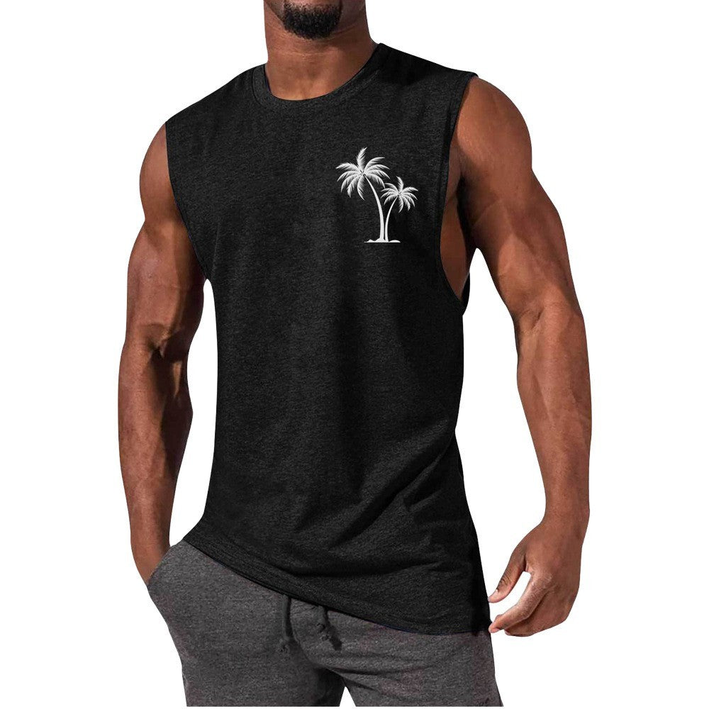 Coconut Tree Embroidery Vest Summer Beach Tank Tops Workout Muscle Men Sports Fitness T-shirt - KuzuSHOP