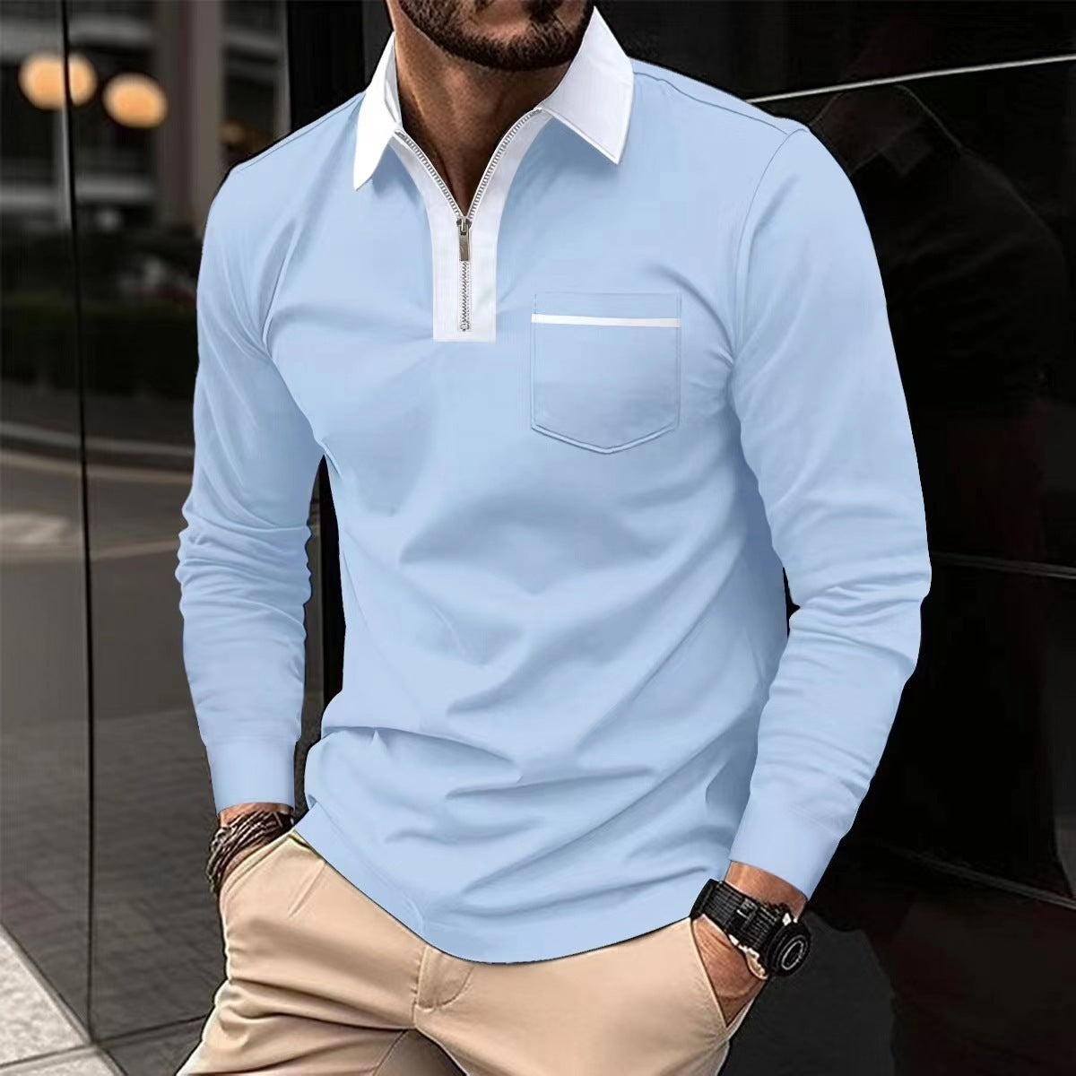 2024 Autumn Mens Long Sleeve Zipper Polo Shirts Casual Lapel Collar Zip Up Henley Shirts Cotton Sports Golf Tennis T-Shirts With Pockets - KuzuSHOP