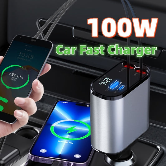 Metal Car Charger 100W Super Fast Charging Car Cigarette Lighter USB And TYPE-C Adapter - KuzuSHOP