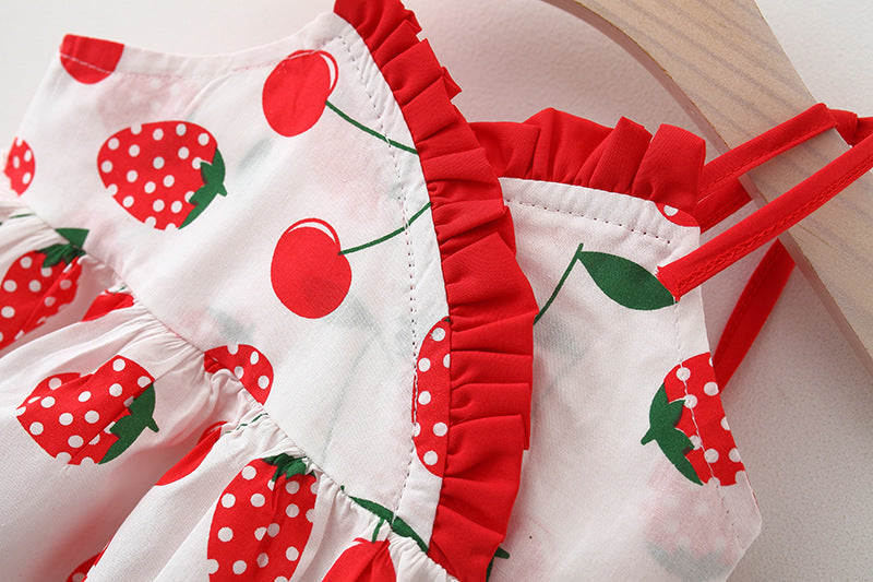 Printed Shoulder Collar Suspender Dress Western Style Sleeveless Princess Dress With Straw Hat