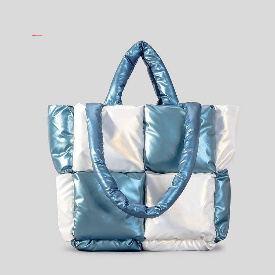 Women Handbags Winter Color Matching Down Cotton-padded Coat Tote Bag Soft Plaid Shoulder Bags - KuzuSHOP