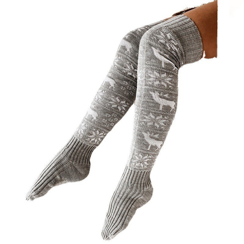 Winter Christmas Warm Knitted Women Stocking Beautiful Elk Snowflake Jacquard Over-the-knee Casual Long Socks For Ladies Gifts Free Size - KuzuSHOP