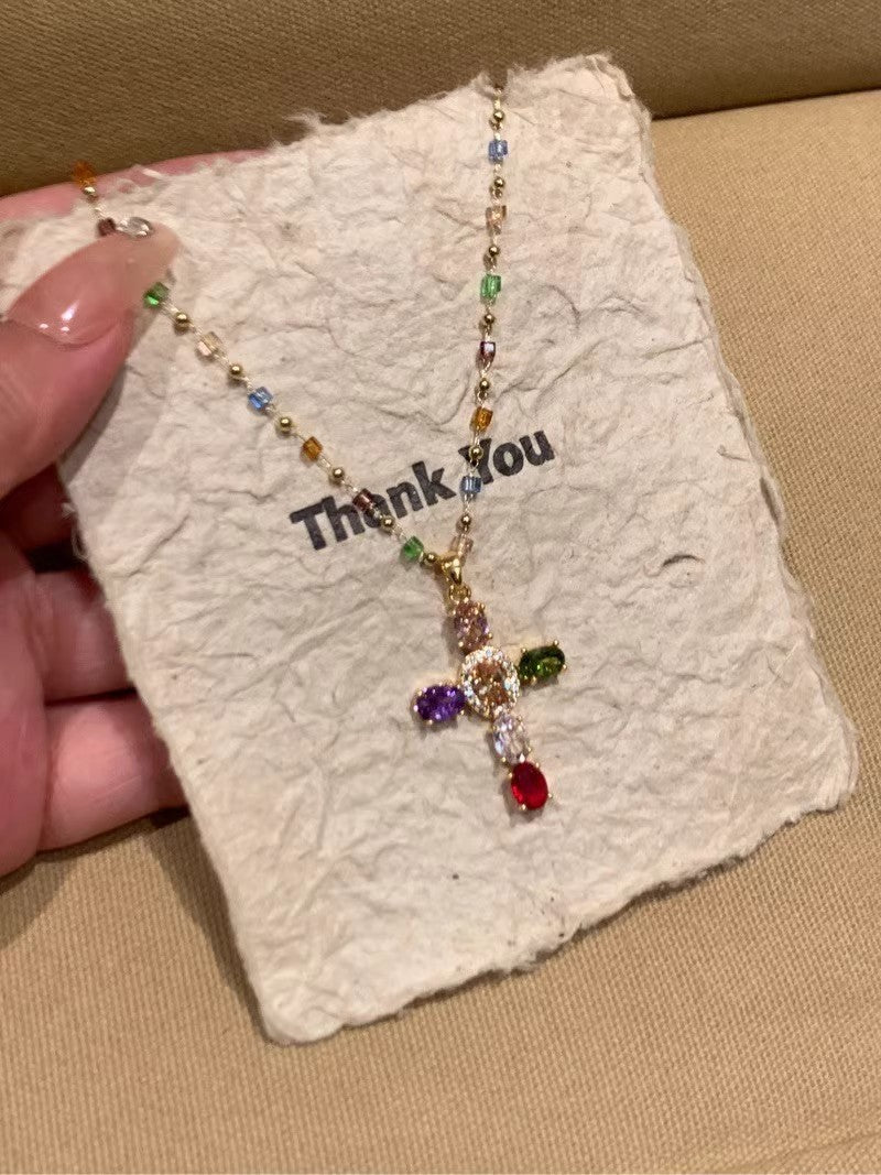Color Zircon Cross Necklace Clavicle Chain - KuzuSHOP