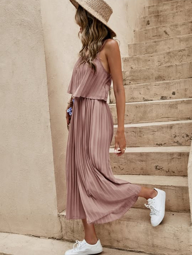 Women's Summer Solid Color Vacation Loose Suit Strap Backless Thin Romper Streetwear INS One-Piece Outfit Beach Style Striped Wide Leg Trousers Casual Suit - KuzuSHOP