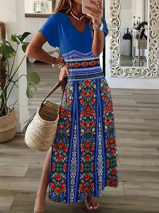 Elegant Floral Print V-Neck Dress For Women - KuzuSHOP