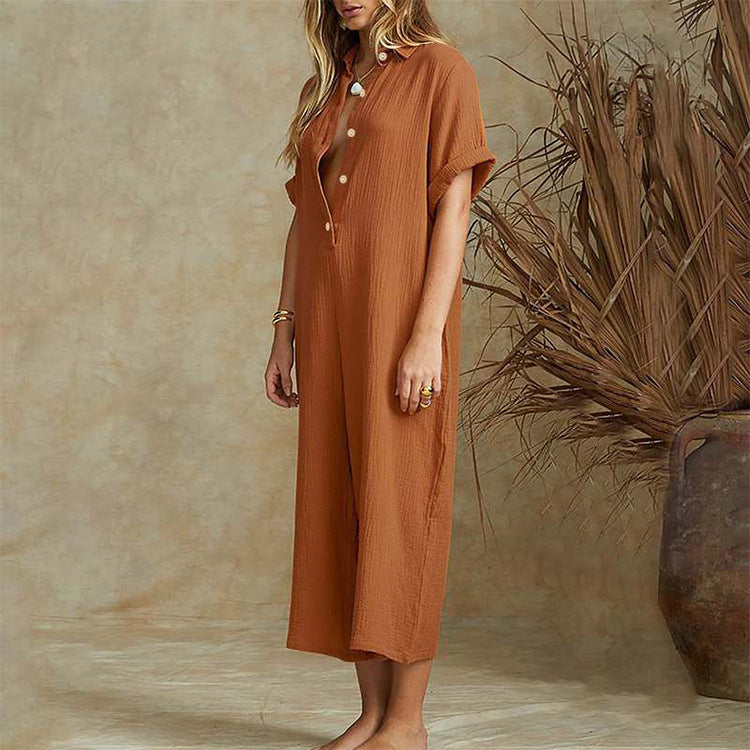 Casual Loose Long Jumpsuit Short Sleeve Rompers - KuzuSHOP