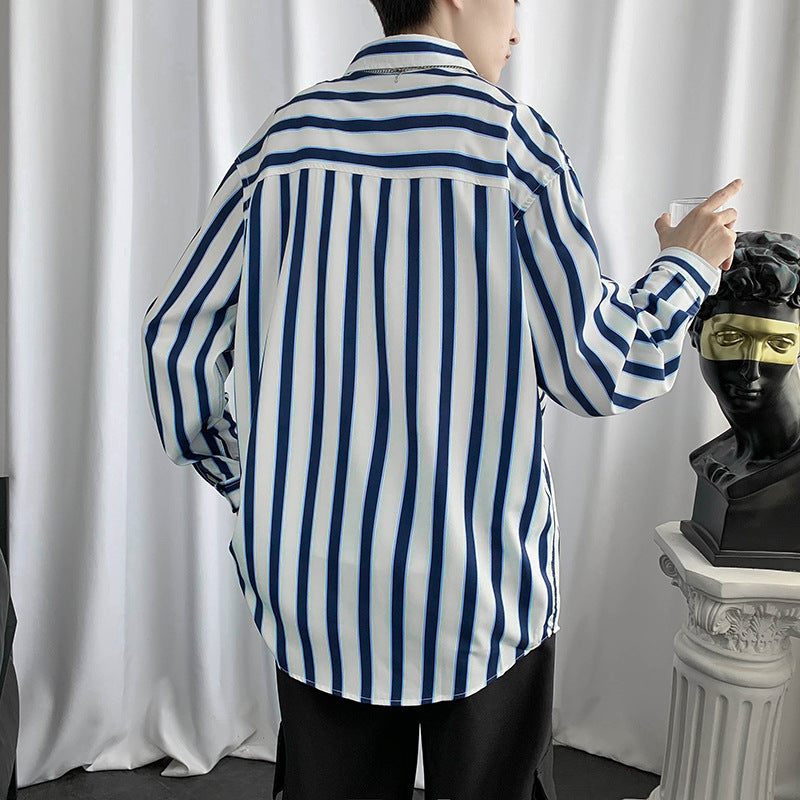 Hong Kong Style Color Block Striped Long-sleeved Shirt - KuzuSHOP