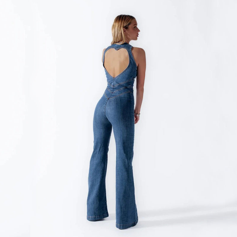 Summer Slim Heart-shape Backless Denim Jumpsuit Women Halter Neck Zip Up High Waist Panst Retro Style Clothing - KuzuSHOP