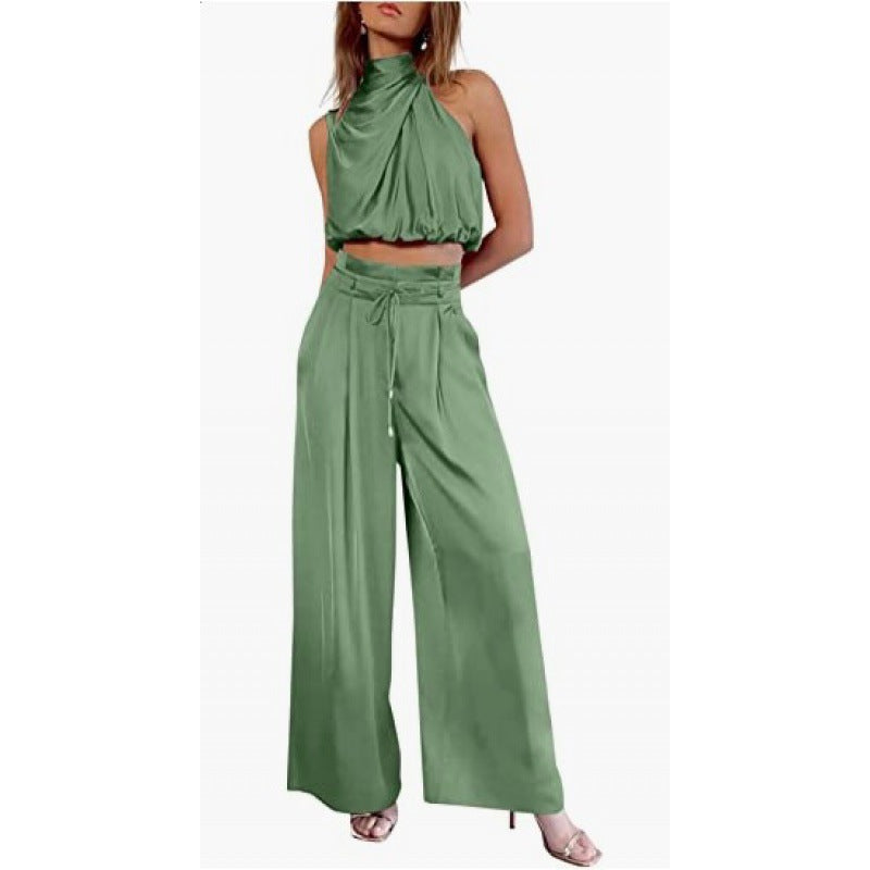 Summer Suits Casual Sleeveless Midriff-baring Top And Wide Leg Pants 2pcs Set Womens Clothing - KuzuSHOP