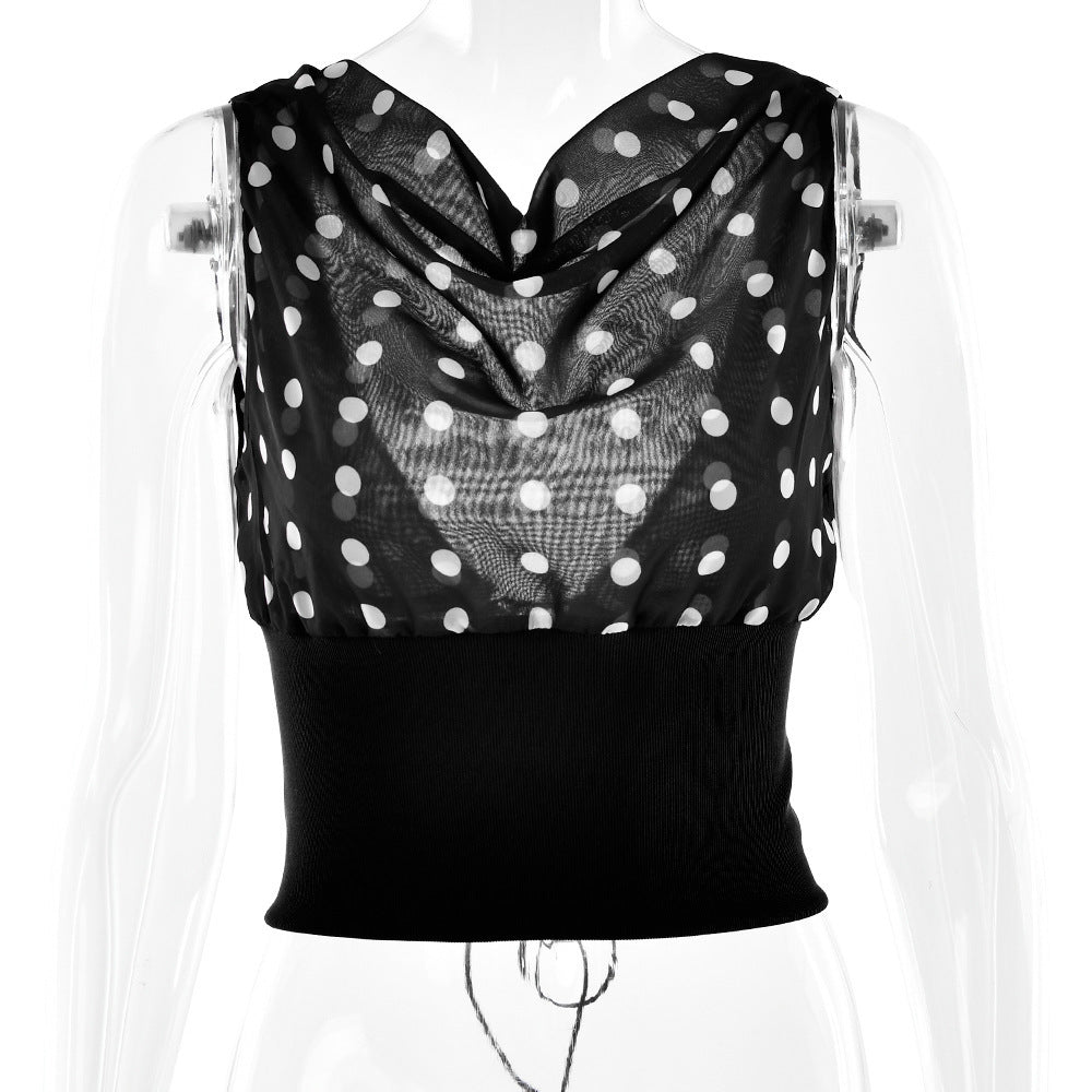 Polka Dots Print Oblique Shoulder Tops Summer Patchwork Chiffon Crop Top Women Sexy Sleeveless Lace Up Backless Blouse Casual Streetwear Tee - KuzuSHOP