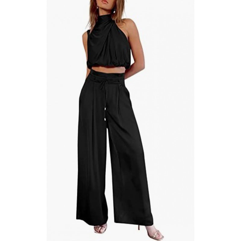 Summer Suits Casual Sleeveless Midriff-baring Top And Wide Leg Pants 2pcs Set Womens Clothing - KuzuSHOP
