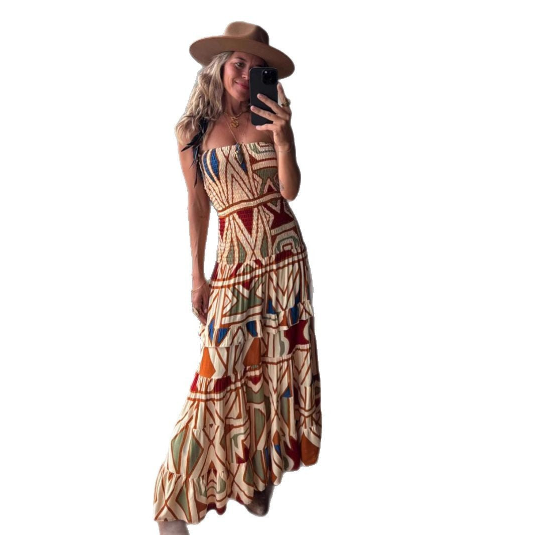 Women's Retro High Waist Printing Slip Dress - KuzuSHOP