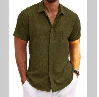 Men's Solid Color Loose Linen Short-sleeved T-shirt - KuzuSHOP