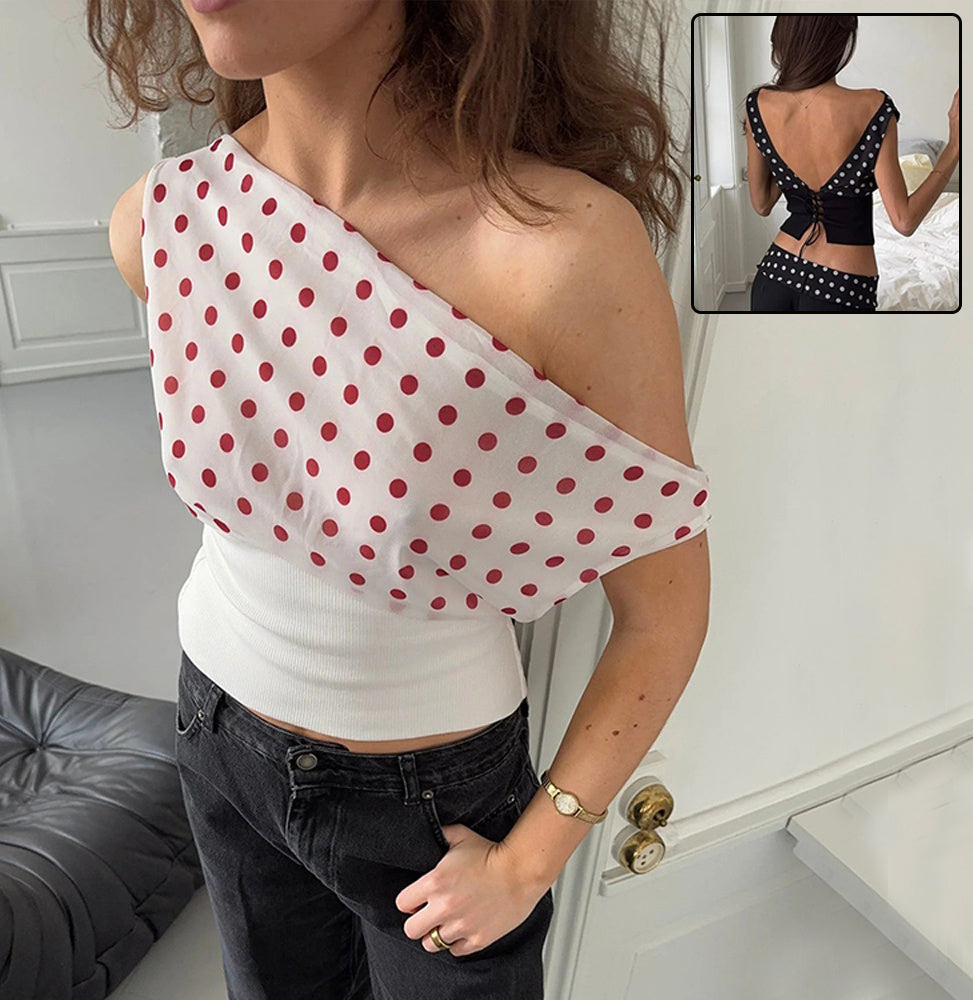 Polka Dots Print Oblique Shoulder Tops Summer Patchwork Chiffon Crop Top Women Sexy Sleeveless Lace Up Backless Blouse Casual Streetwear Tee - KuzuSHOP