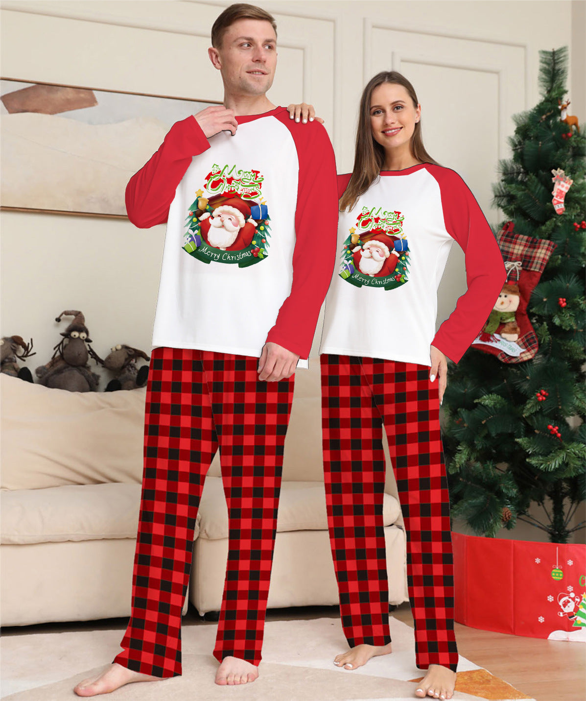 Christmas Parent-Child Clothes Set Long Sleeve T-Shirt Plaid Pants Family Matching Pajamas - KuzuSHOP