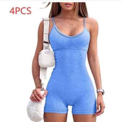 Spaghetti Strap Shorts Jumpsuit Sports Yoga Workout Tight Romper Women Fashion Fitness Sportwear - KuzuSHOP