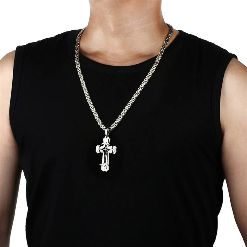 Fashion Jewelry Christian Trinity Latin Cross Necklace For Men Stainless Steel Three Layers Cross Pendants Necklaces Jewelry Gift - KuzuSHOP