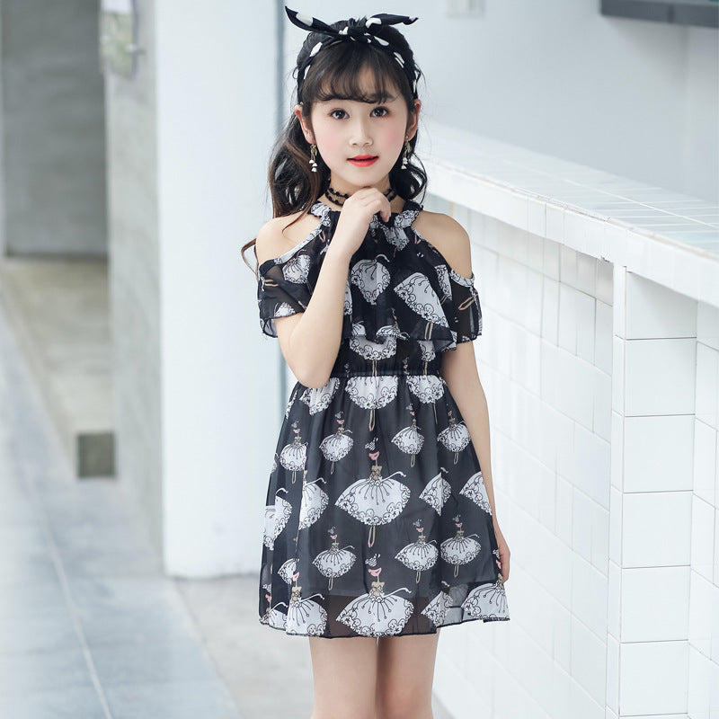 Summer new fashion Korean style big kids girls chiffon print skirt - KuzuSHOP