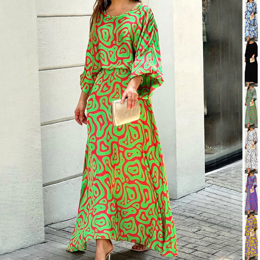 2pcs Women's Dress Suits Fashion Loose Printed Long Sleeve Top And High Waist Long Skirt - KuzuSHOP