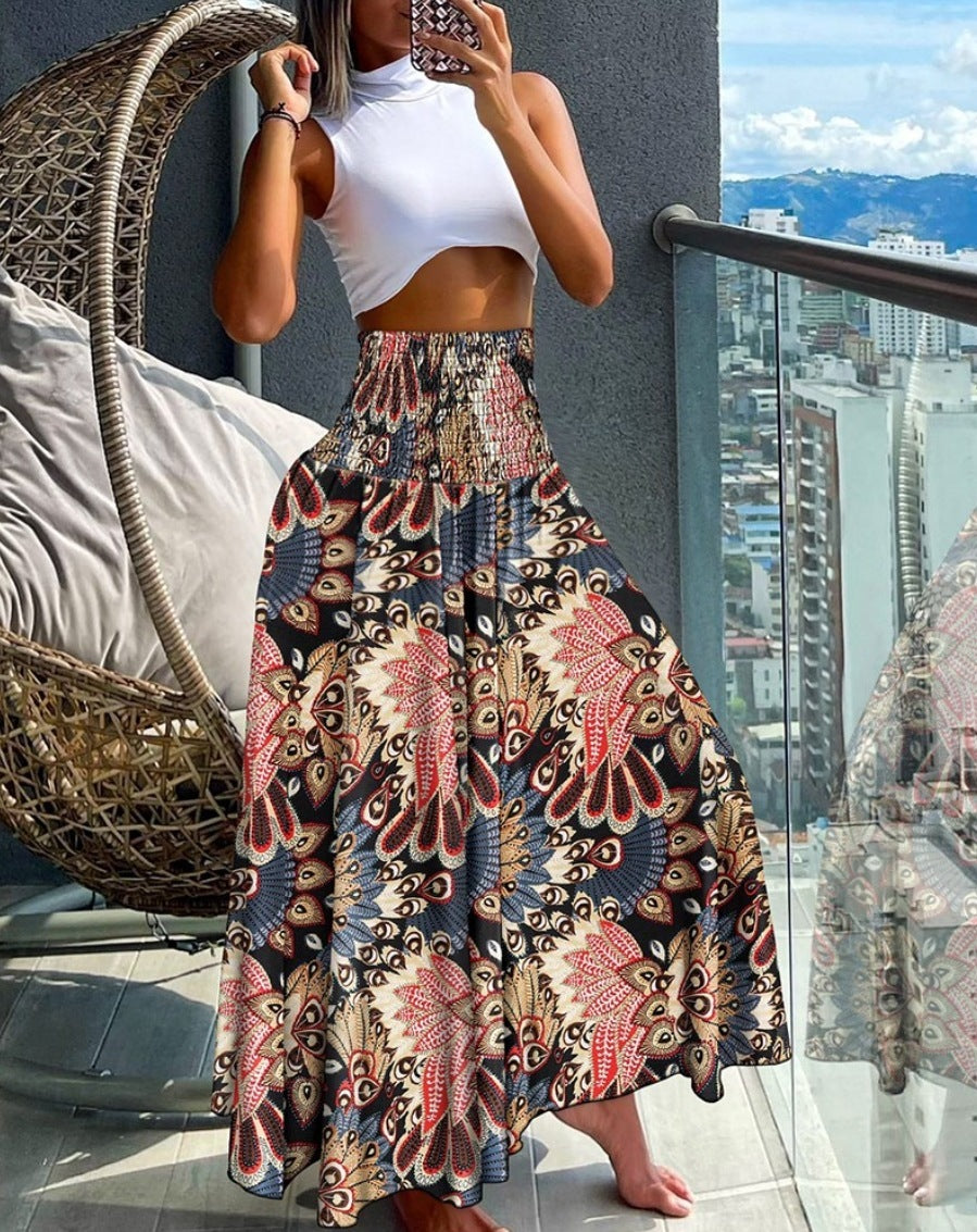 Women's High Waist Print Loose All-match Dress - KuzuSHOP