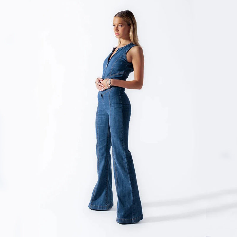 Summer Slim Heart-shape Backless Denim Jumpsuit Women Halter Neck Zip Up High Waist Panst Retro Style Clothing - KuzuSHOP