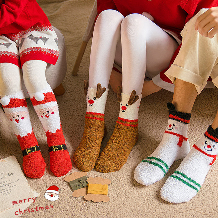 Child Christmas Socks Winter No-shedding Cute Elk Elk Santa Claus Snowman Sleeping Floor Coral Fleece Socks - KuzuSHOP