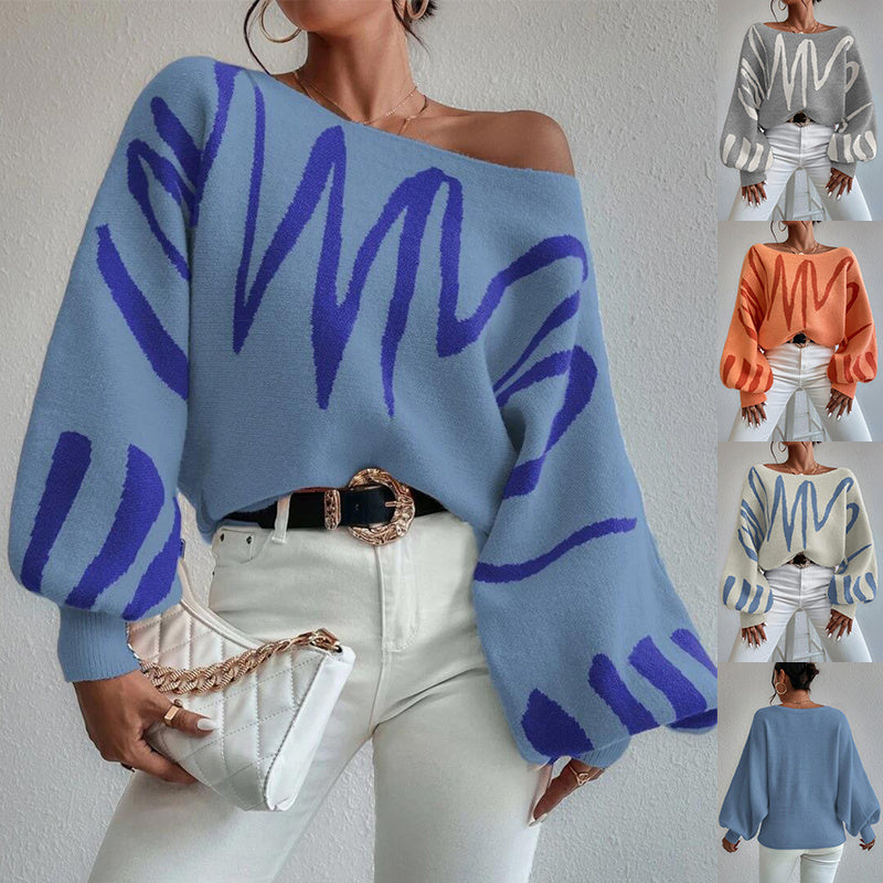 New Lantern-sleeved Pullover Sweater Fashion Line Printed Loose Tops Women's Clothing - KuzuSHOP