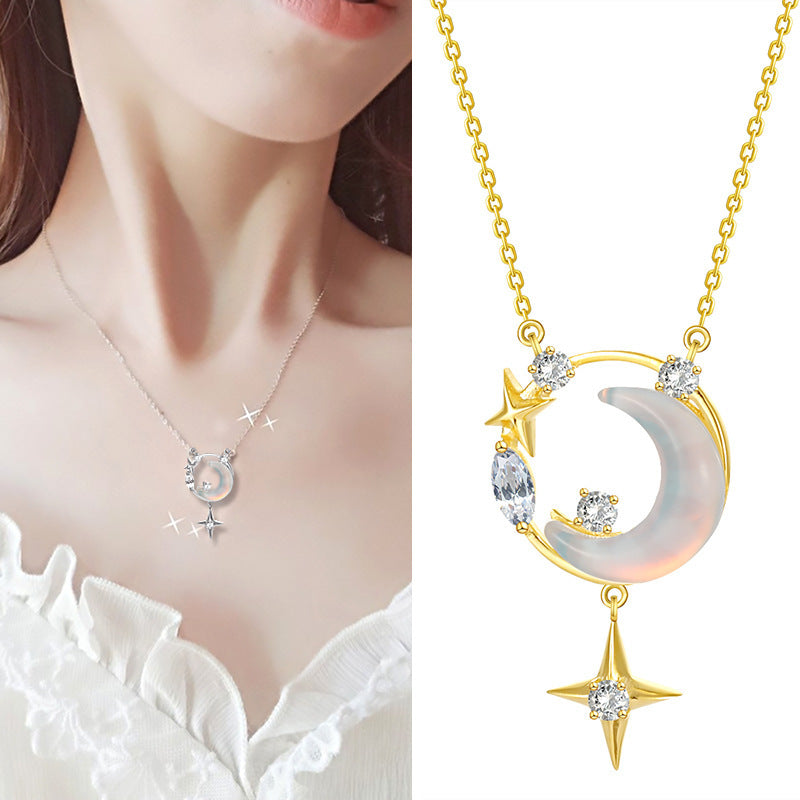 S925 Sterling Silver Star Moon Necklace Women's Light Luxury Minority Clavicle Chain - KuzuSHOP