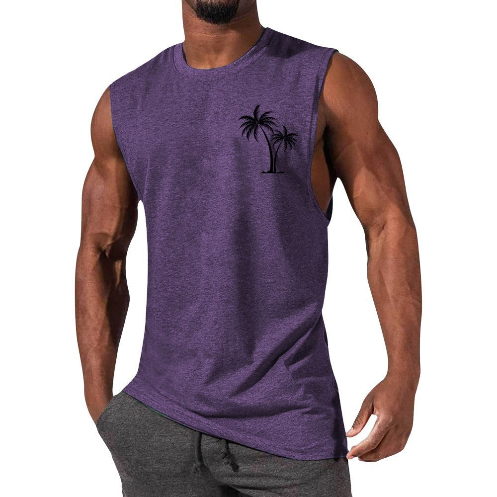 Coconut Tree Embroidery Vest Summer Beach Tank Tops Workout Muscle Men Sports Fitness T-shirt - KuzuSHOP