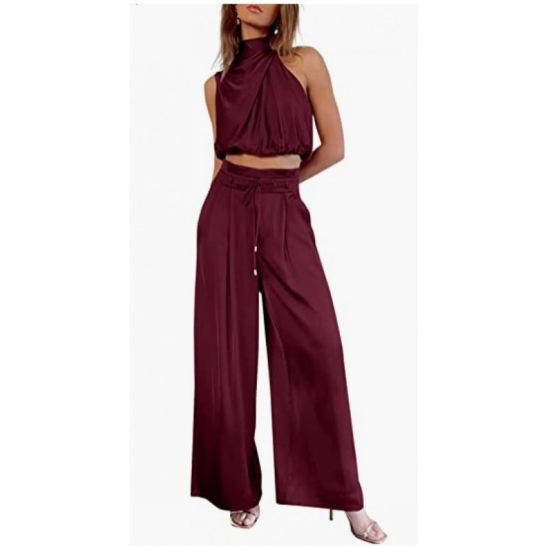 Summer Suits Casual Sleeveless Midriff-baring Top And Wide Leg Pants 2pcs Set Womens Clothing - KuzuSHOP