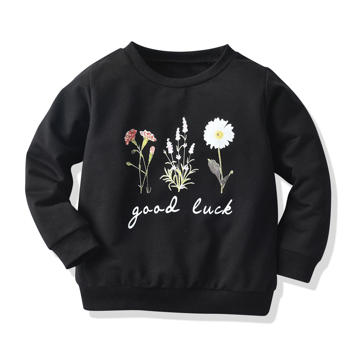 Girls Flower Pattern Black Long-Sleeved T-shirt Sweatshirt - KuzuSHOP