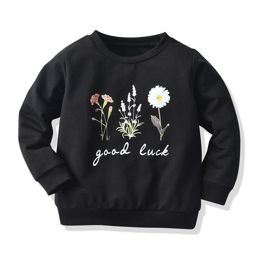 Girls Flower Pattern Black Long-Sleeved T-shirt Sweatshirt - KuzuSHOP