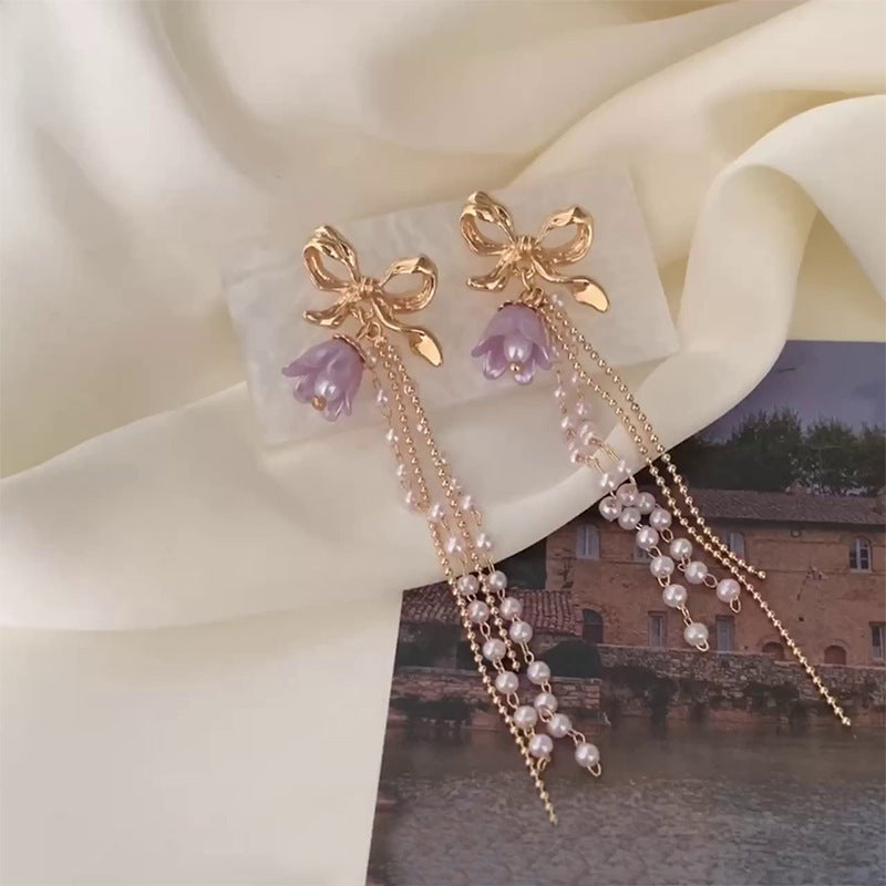 Romantic Earrings Lavender Linglan Pearl Tassel Ear Clip - KuzuSHOP