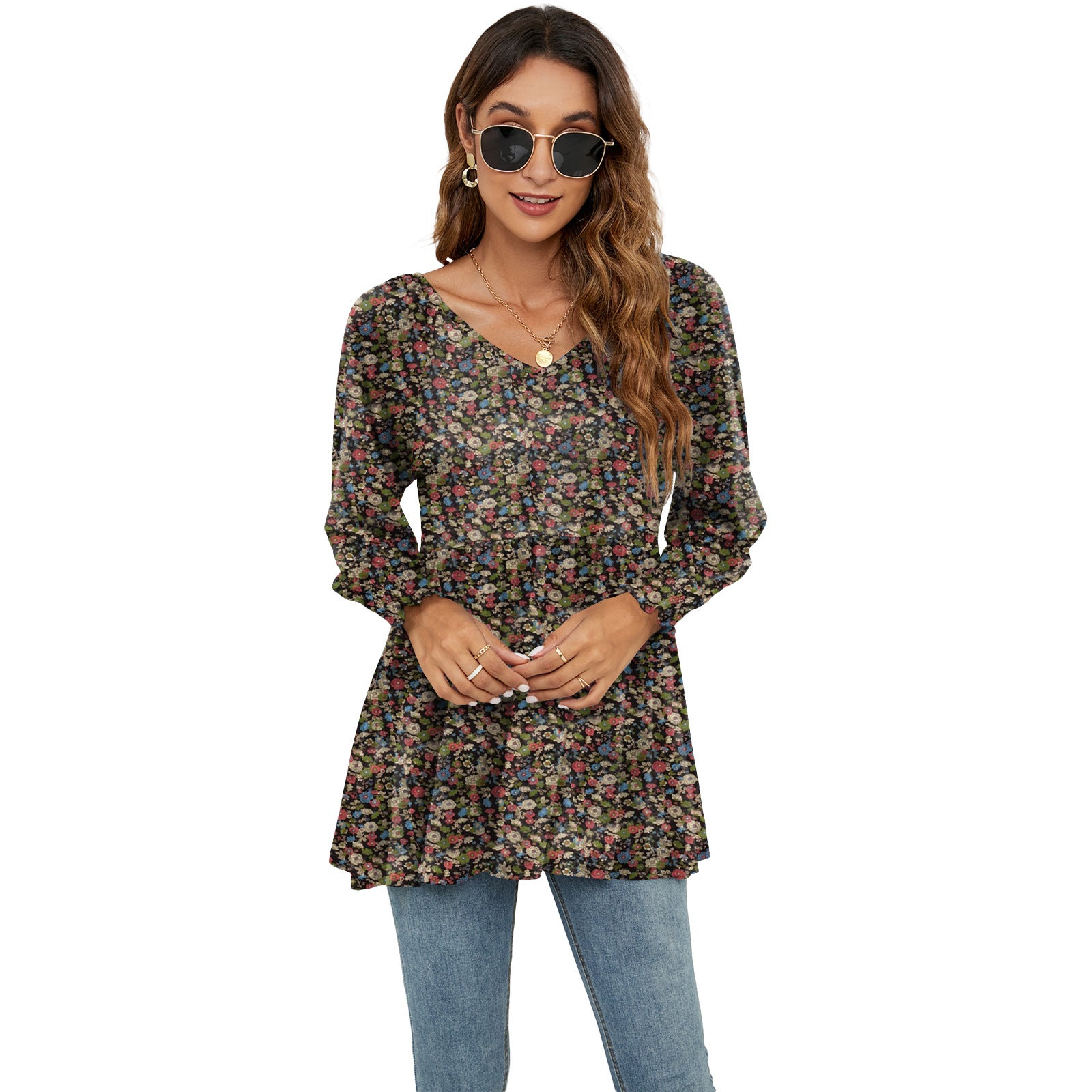 Long Puff Sleeve Tops Women Flowers Print Casual V-Neck Blouse T-Shirts Babydoll Tops - KuzuSHOP