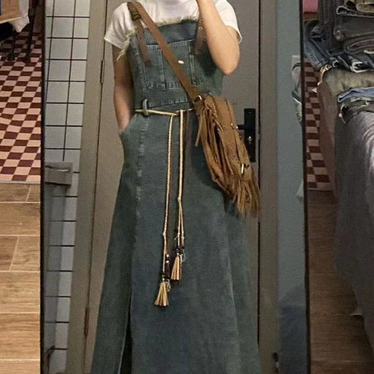 Retro Washed Raw Edge Denim Suspender Skirt - KuzuSHOP