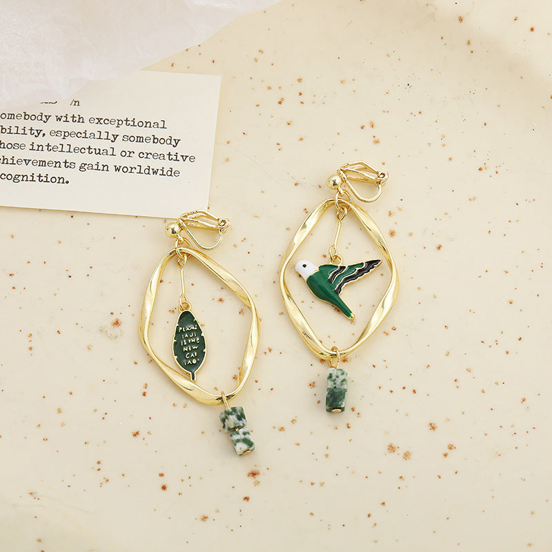 Retro Mori Style Green Bird Earrings Geometric Leaf Ear Clip - KuzuSHOP